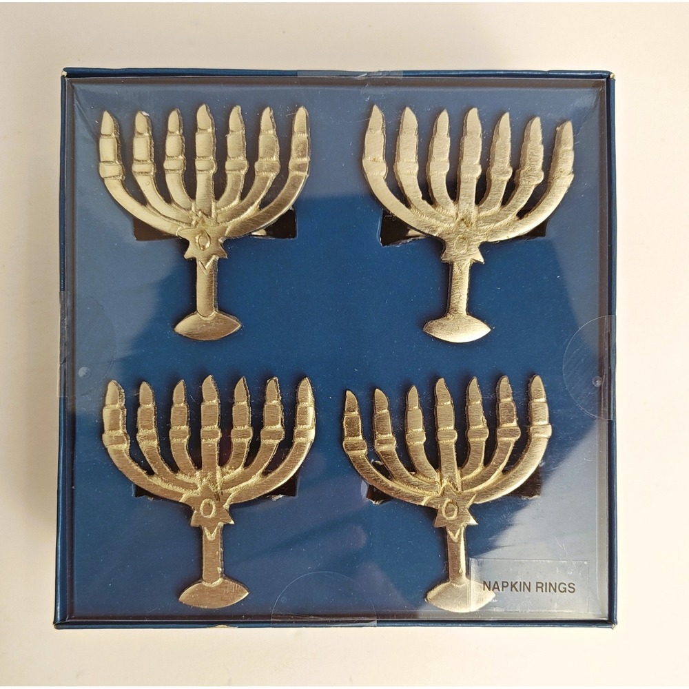 Menorah Napkin Rings Gold Tone Metal Hanukkah Set of 4 NIB